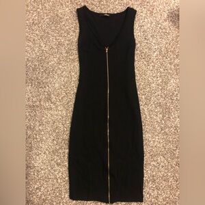 NWOT Black Bodycon Midi Dress with gold zipper